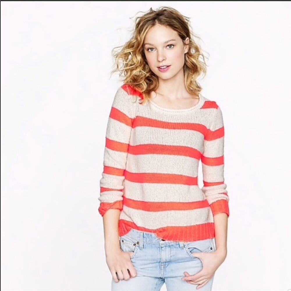 J Crew Neon Pink Orange Twist Stitch Open Neck Pullover Cream Stripe Sweater XS